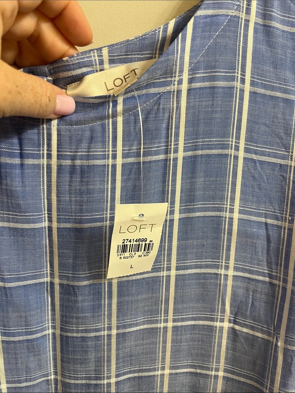 LOFT Blue Plaid Short Sleeve Shirt with Buttons Up the Back